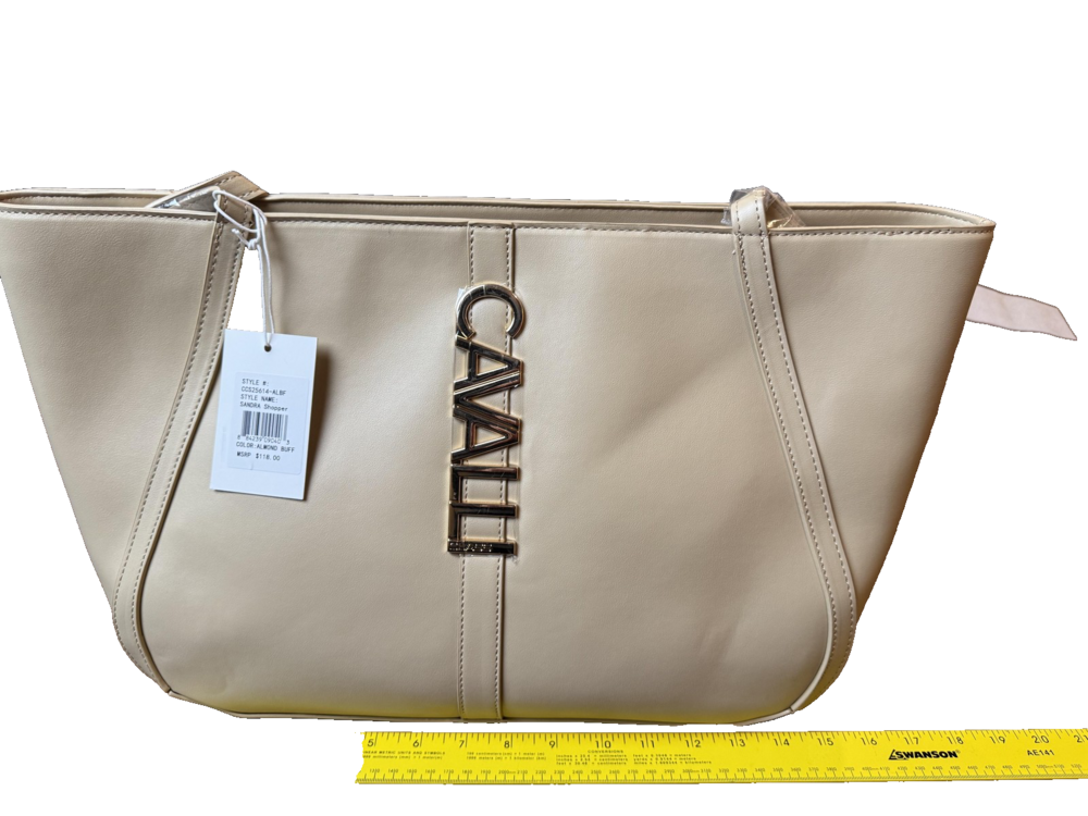 Cavalli Class NWT Sandra Shopper Tote Bag Womens Almond Buff Beige Logo Hardware
